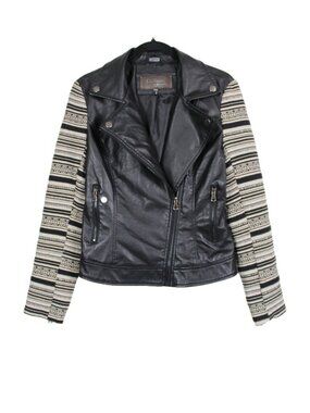 Ci Sono by Cavalin Faux Leather Contrast Striped Sleeve Moto Biker Jacket (M)